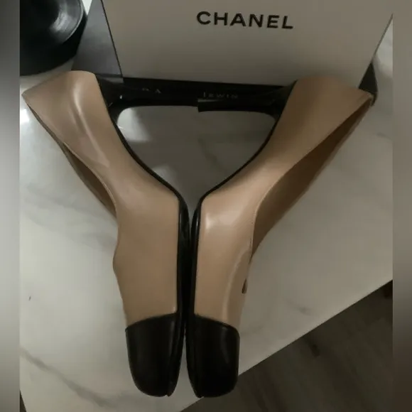- CHANEL Capped toe Round Heels In nude &amp; Black Size 41