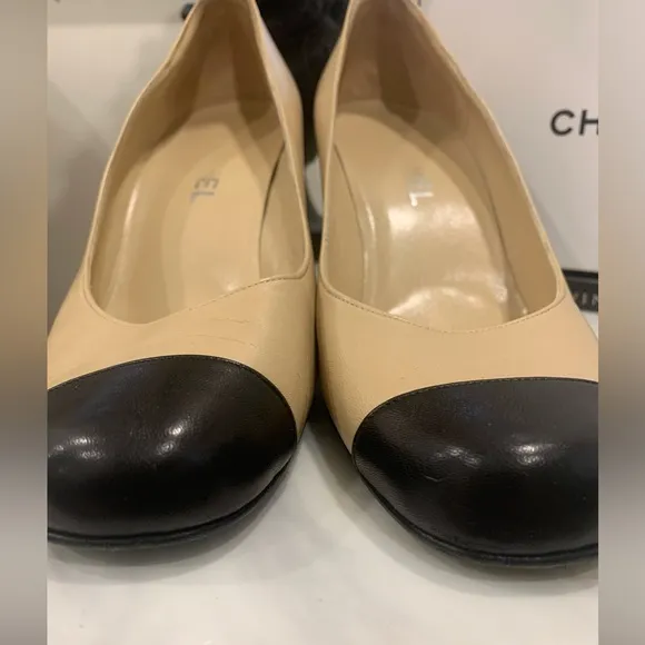 - CHANEL Capped toe Round Heels In nude &amp; Black Size 41