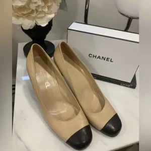 - CHANEL Capped toe Round Heels In nude &amp; Black Size 41