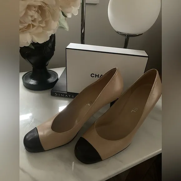 - CHANEL Capped toe Round Heels In nude &amp; Black Size 41