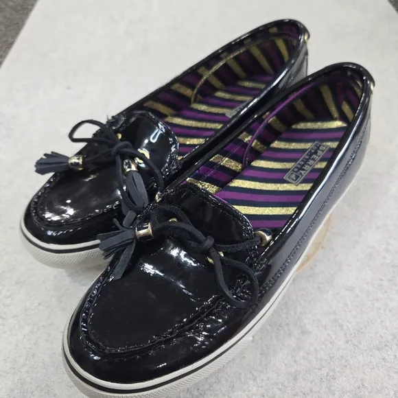 🐢 Sperry Patent Leather Black boat shoes Size 9 super shiny!