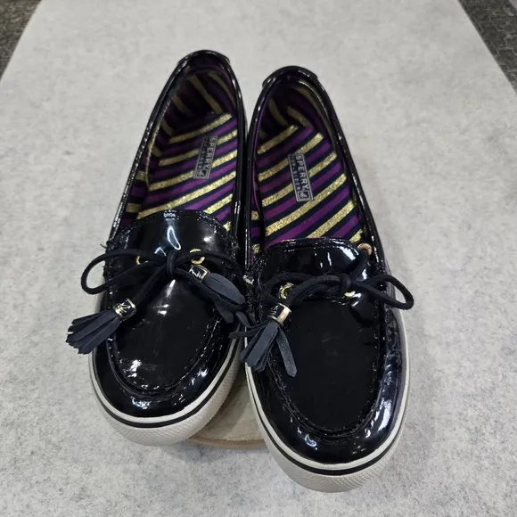 🐢 Sperry Patent Leather Black boat shoes Size 9 super shiny!