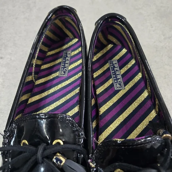 🐢 Sperry Patent Leather Black boat shoes Size 9 super shiny!