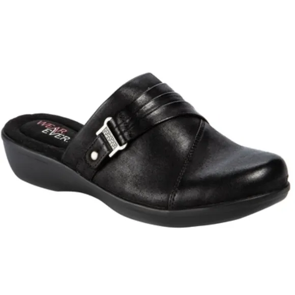 🆕 Wearever Doris Slip-on Clog Mules Black Leather Flats, size 9.5 US