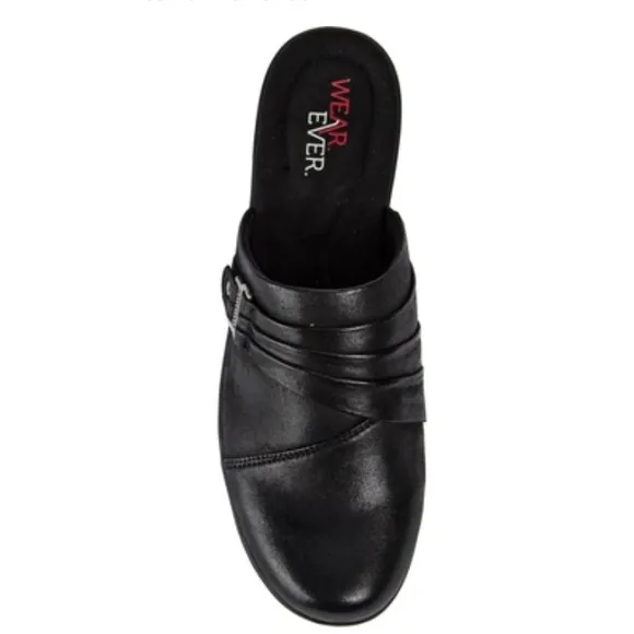 🆕 Wearever Doris Slip-on Clog Mules Black Leather Flats, size 9.5 US