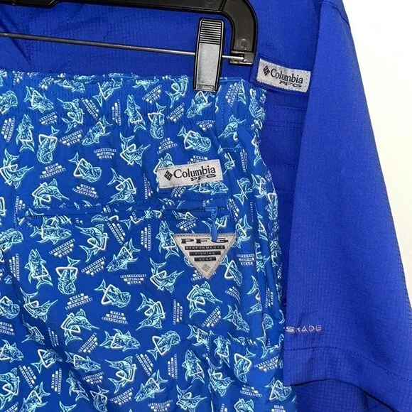 2-New Crystal springs 100% Blue Columbia PFG Performance fishing shirt Shorts M