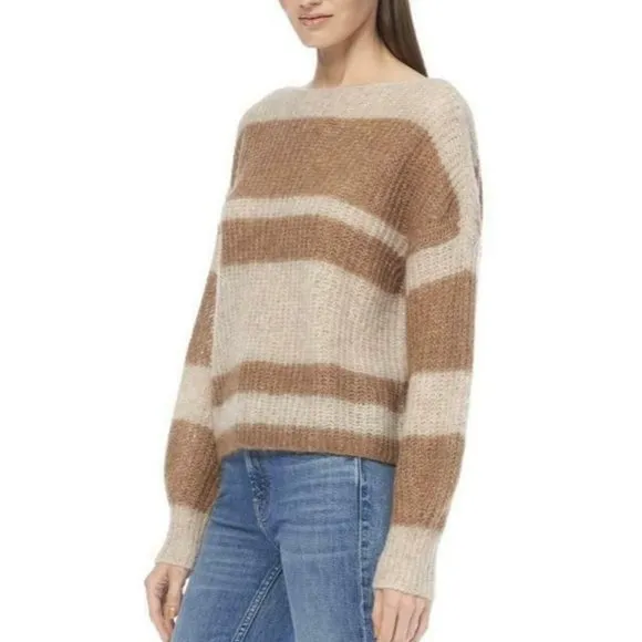 360 SWEATER Pullover S Boxy Colorblock Stripe Alpaca Wool Knit Gold Camel NEW