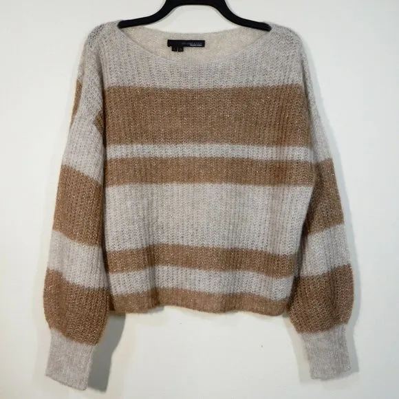 360 SWEATER Pullover S Boxy Colorblock Stripe Alpaca Wool Knit Gold Camel NEW