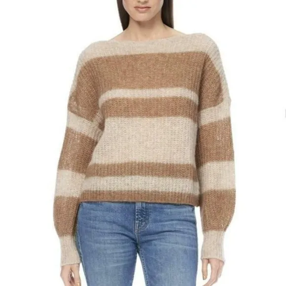 360 SWEATER Pullover S Boxy Colorblock Stripe Alpaca Wool Knit Gold Camel NEW