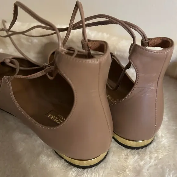$675 Aquazzura Women's Christy Lace-Up Flats - Tan/Beige