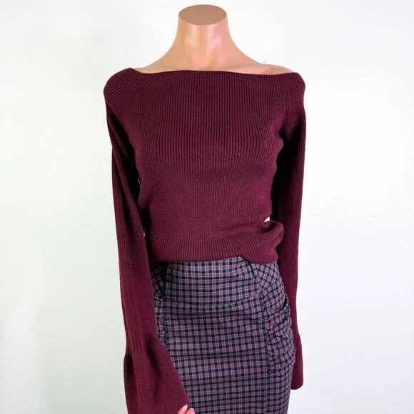 7 For All Mankind Wool Blend Boat Neck Ribbed Knit Sweater Top Burgundy XL NWT