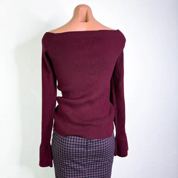 7 For All Mankind Wool Blend Boat Neck Ribbed Knit Sweater Top Burgundy XL NWT