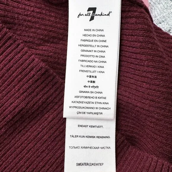 7 For All Mankind Wool Blend Boat Neck Ribbed Knit Sweater Top Burgundy XL NWT