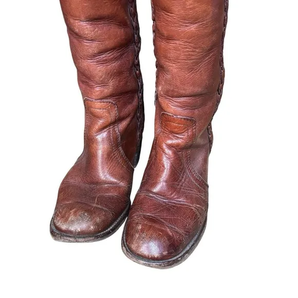 70s Frye brown leather western campus below the knee boots stacked heel size 5