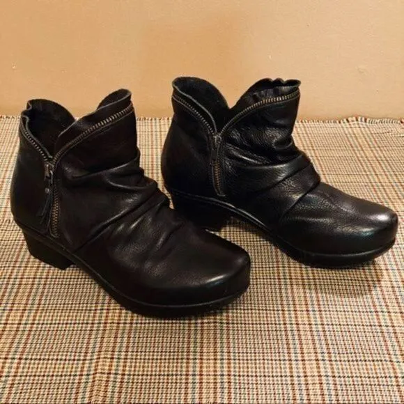 ABEO Pro Black Leather Ankle Boots with Side Zip Ruched Design Comfort Booties 7