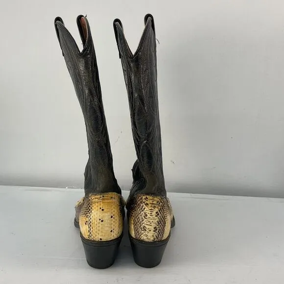 Acme Black Tan Python Snake Skin Leather Western Boots Men's Size 6.5 Preowned