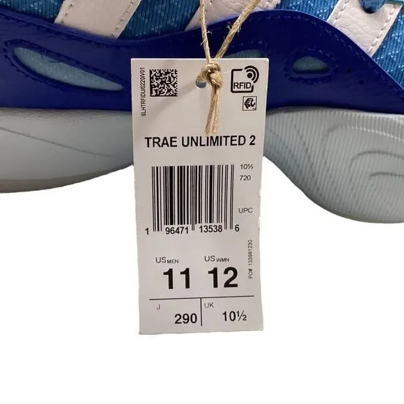 Adidas Basketball Shoes Mens 11 Blue White Trae Unlimited 2 Sneakers Vegan NEW