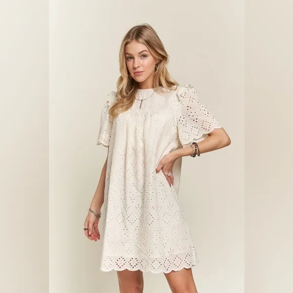 ADORA Ruffled Eyelet Round Neck Dress