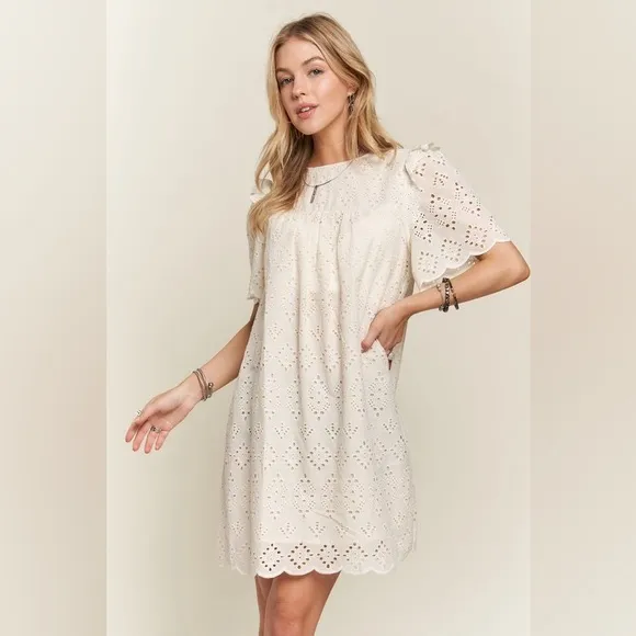 ADORA Ruffled Eyelet Round Neck Dress