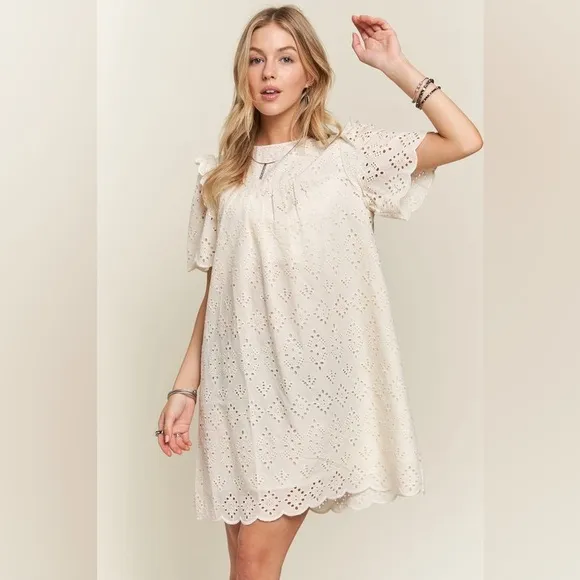 ADORA Ruffled Eyelet Round Neck Dress