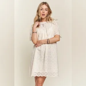 ADORA Ruffled Eyelet Round Neck Dress