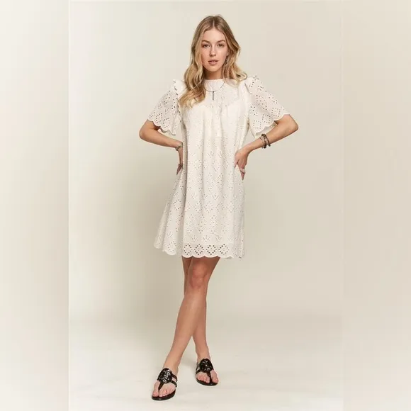 ADORA Ruffled Eyelet Round Neck Dress