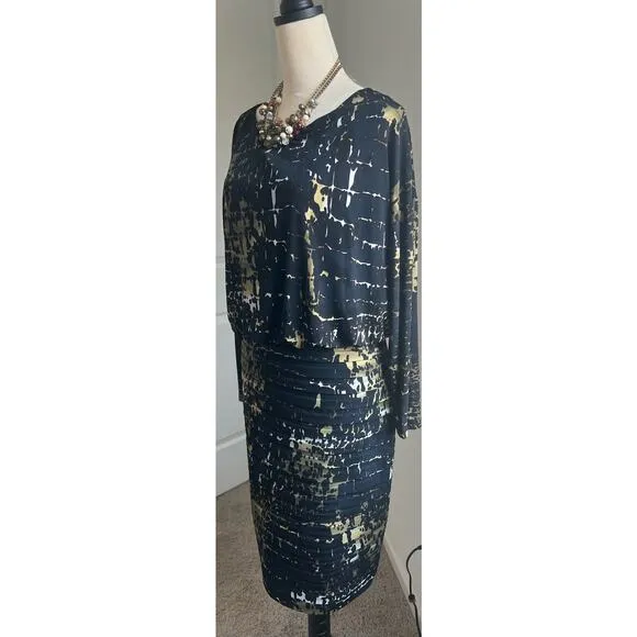Adrianna Papell Banded Abstract Print Jersey Blouson Dolman Sleeve Boat Neck 12