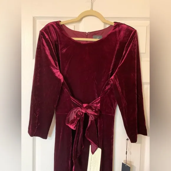 Adrianna Papell Velvet Tie Front Sheath Dress 3/4 Sleeve Crew Neck, Burgundy, 20