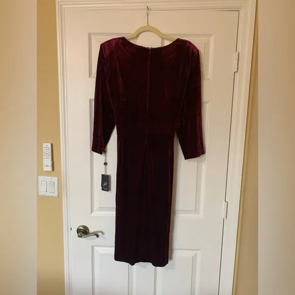 Adrianna Papell Velvet Tie Front Sheath Dress 3/4 Sleeve Crew Neck, Burgundy, 20