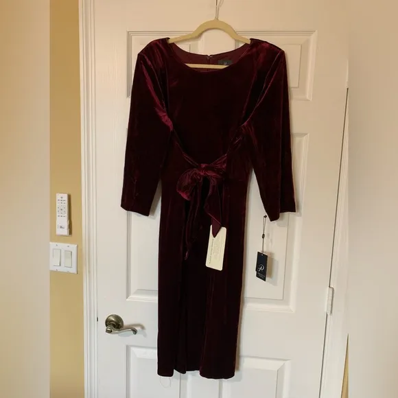 Adrianna Papell Velvet Tie Front Sheath Dress 3/4 Sleeve Crew Neck, Burgundy, 20