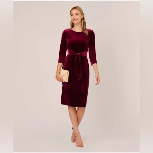 Adrianna Papell Velvet Tie Front Sheath Dress 3/4 Sleeve Crew Neck, Burgundy, 20