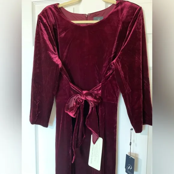 Adrianna Papell Velvet Tie Front Sheath Dress 3/4 Sleeve Crew Neck, Burgundy, 20