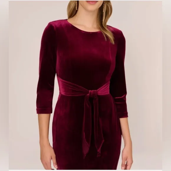 Adrianna Papell Velvet Tie Front Sheath Dress 3/4 Sleeve Crew Neck, Burgundy, 20