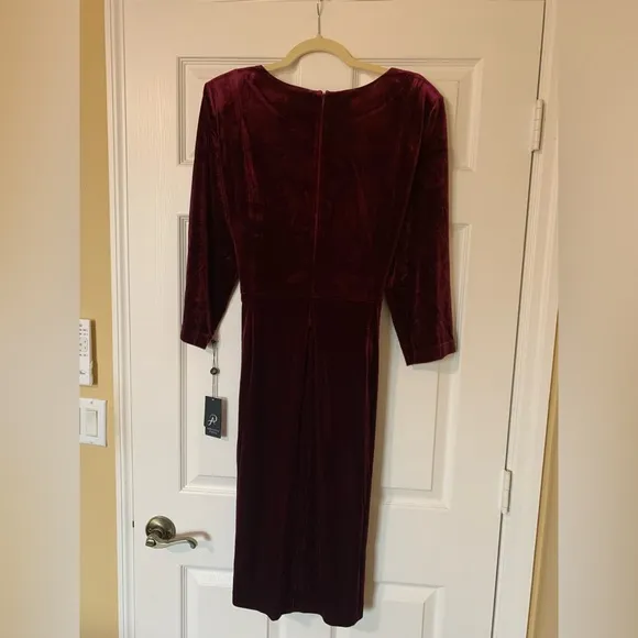 Adrianna Papell Velvet Tie Front Sheath Dress 3/4 Sleeve Crew Neck, Burgundy, 20