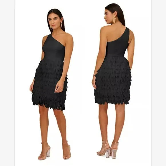Adrianna Papell Women's Chiffon Feather Cocktail Dress Black SZ 4 NWT