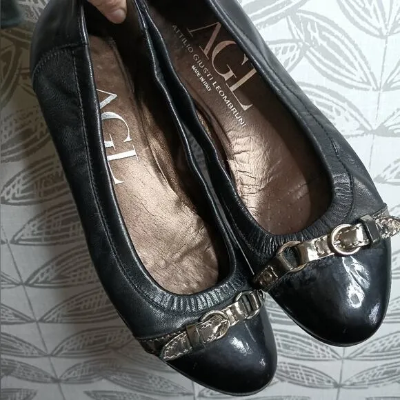 AGL Ballet Flats Round Toe Buckle Leather Comfort Business Casual Monika