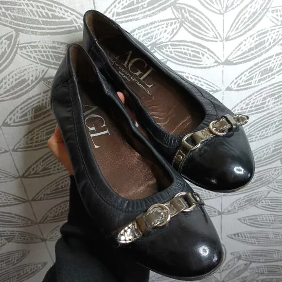 AGL Ballet Flats Round Toe Buckle Leather Comfort Business Casual Monika
