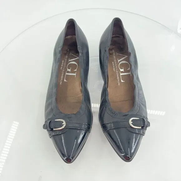 AGL Ballet Flats Women's Size 36.5 6.5 Pointed Black Leather Patent Cap Toe Shoe