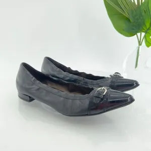 AGL Ballet Flats Women's Size 36.5 6.5 Pointed Black Leather Patent Cap Toe Shoe