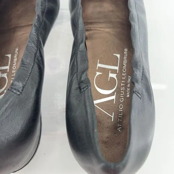 AGL Ballet Flats Women's Size 36.5 6.5 Pointed Black Leather Patent Cap Toe Shoe
