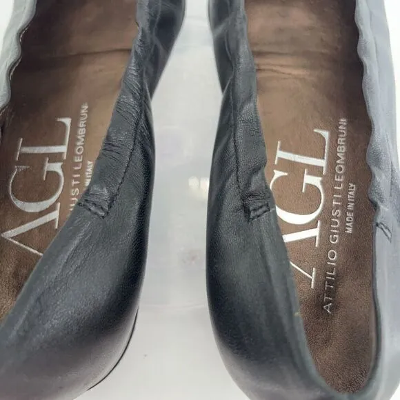 AGL Ballet Flats Women's Size 36.5 6.5 Pointed Black Leather Patent Cap Toe Shoe