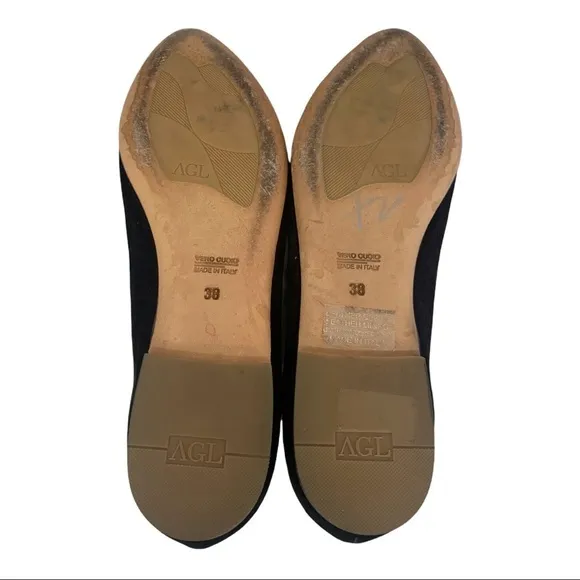AGL Black Suede Flats shimmer Finish pointed toe Leather Rubber Sole 38/8