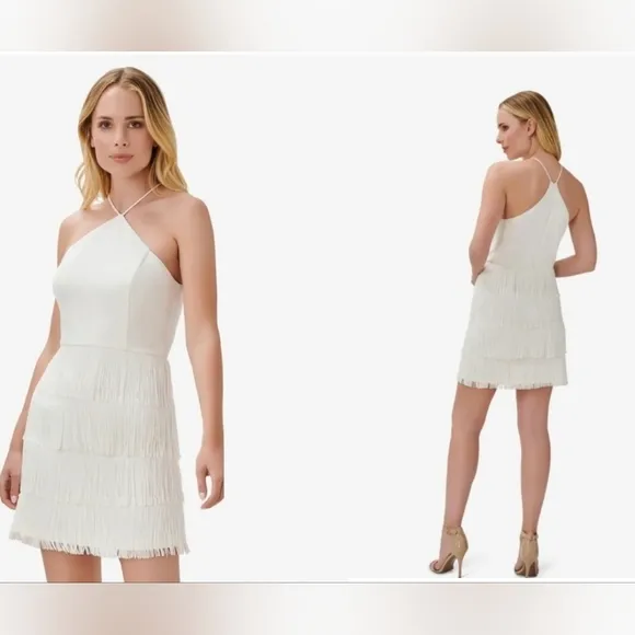 Aidan By Aidan Mattox Women Ivory Fringe Sleeveless Cocktail Sheath Dress SZ 10