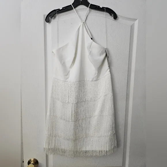 Aidan By Aidan Mattox Women Ivory Fringe Sleeveless Cocktail Sheath Dress SZ 10