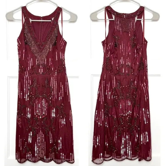 AIDAN MATTOX Beaded Fringe Sequined Tulle V-Neck Sleeveless Scallop Hem Dress 2