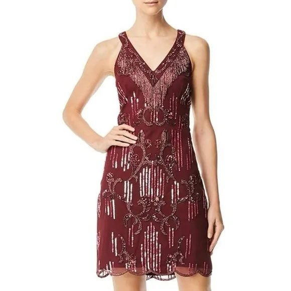 AIDAN MATTOX Beaded Fringe Sequined Tulle V-Neck Sleeveless Scallop Hem Dress 2