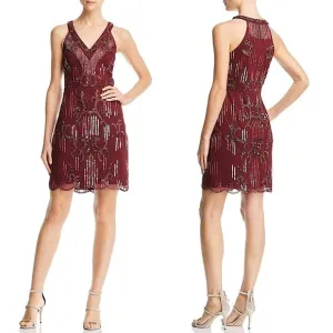 AIDAN MATTOX Beaded Fringe Sequined Tulle V-Neck Sleeveless Scallop Hem Dress 2