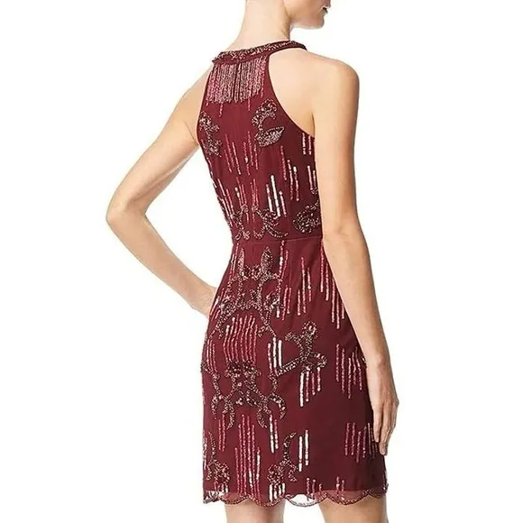 AIDAN MATTOX Beaded Fringe Sequined Tulle V-Neck Sleeveless Scallop Hem Dress 2