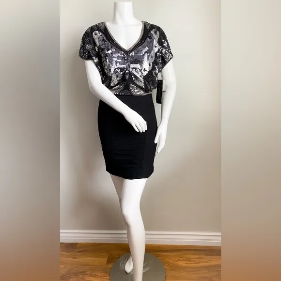 AIDAN MATTOX Sequin Beaded Butterfly Disco Formal Dress Cocktail Glam Wedding 2