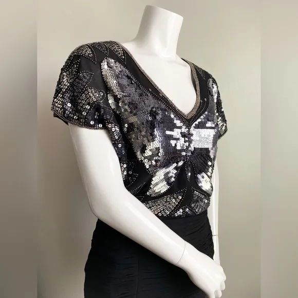 AIDAN MATTOX Sequin Beaded Butterfly Disco Formal Dress Cocktail Glam Wedding 2